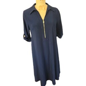 Anne Klein Navy Shift Dress Short Sleeve Tabs Quarter Zipper Liquid Knit -Size 6